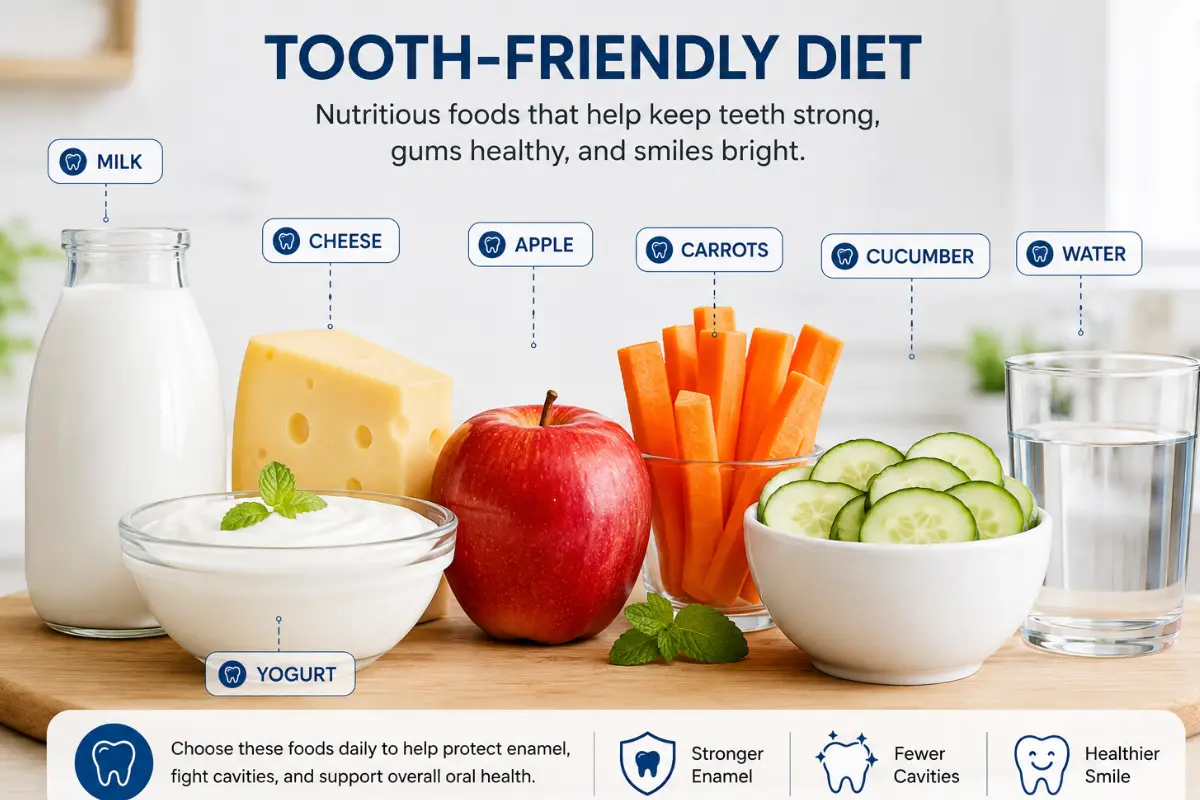Tooth-friendly foods including milk, yogurt, cheese, apple, carrots, cucumber, and water