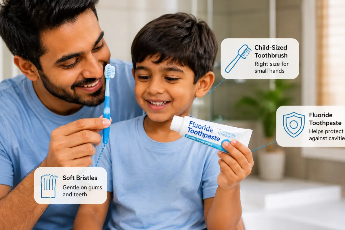 Parent and child choosing a child-sized soft-bristle toothbrush and fluoride toothpaste