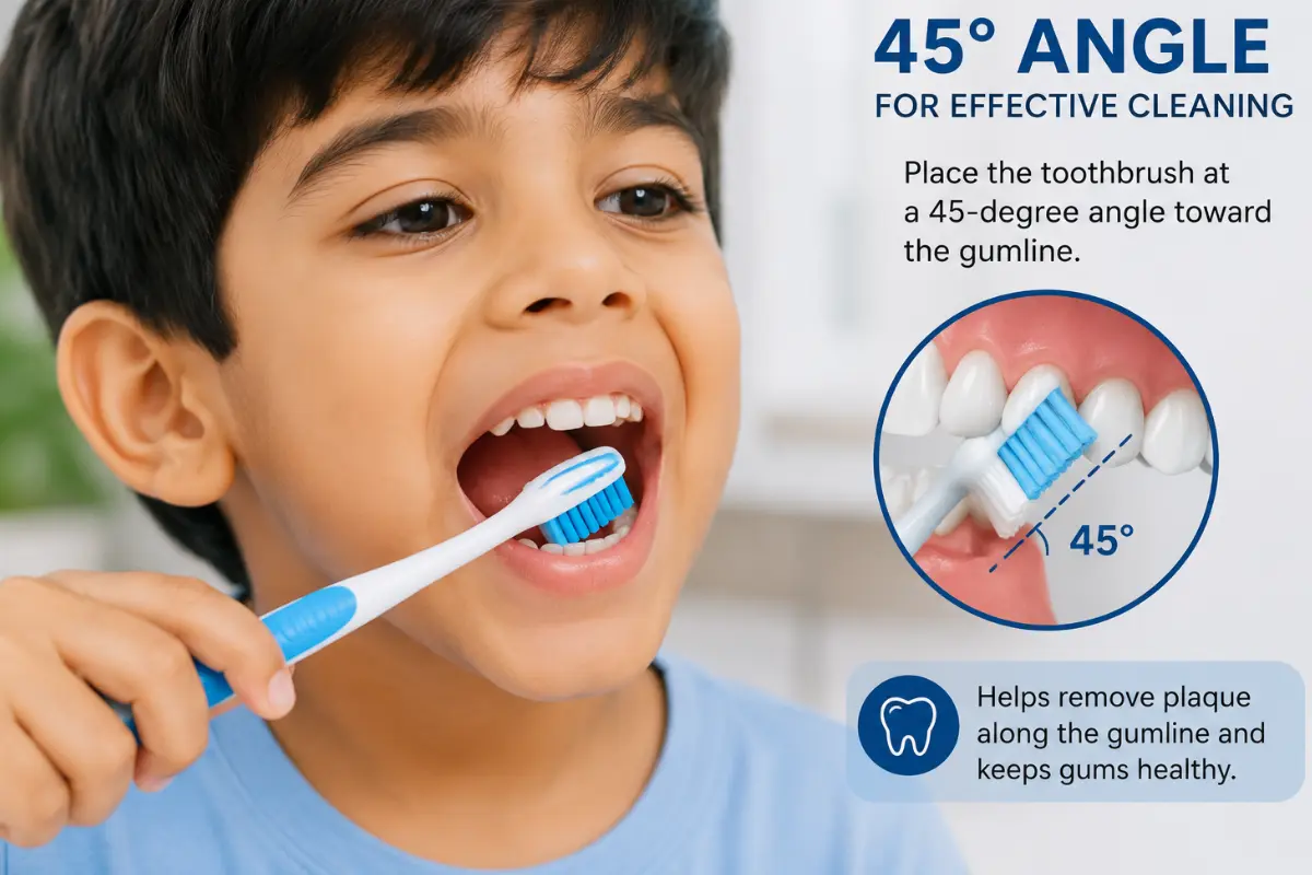 Child brushing teeth at a 45-degree angle toward the gumline
