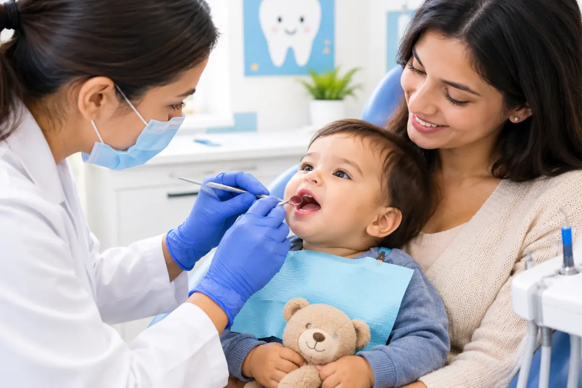 Pediatric dentist gently examining a baby’s teeth while the mother holds the baby during a dental checkup.