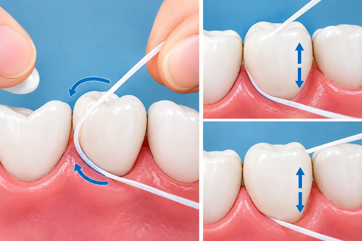 Dental diagram showing floss curved in a C-shape around a tooth and moving up and down