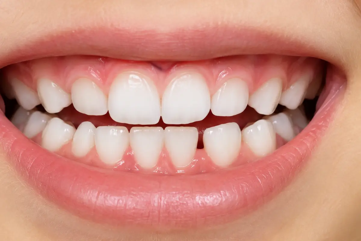 Close-up of a child’s baby teeth with natural gaps and touching teeth