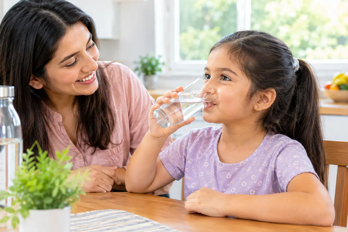 Child drinking water from a glass while a parent encourages healthy hydration