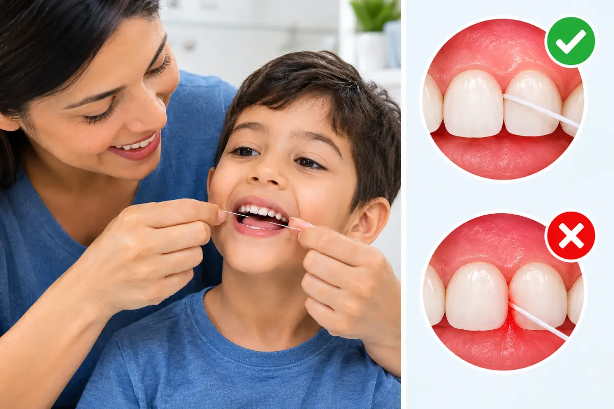 Parent gently flossing a child’s teeth using the correct technique