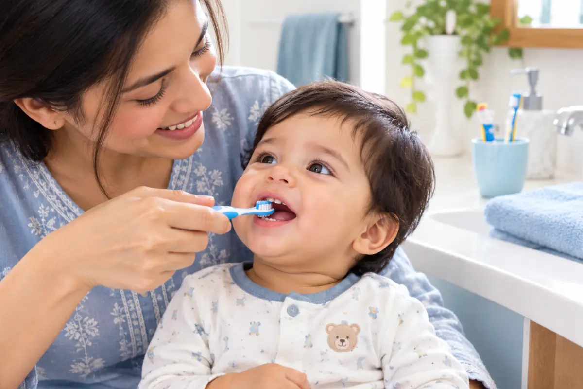 Mother gently brushing her baby’s tiny teeth with a soft-bristled baby toothbrush in a clean bathroom.