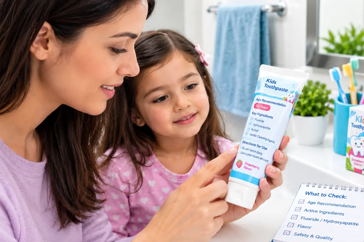 Parent checking kids toothpaste age recommendation and ingredients