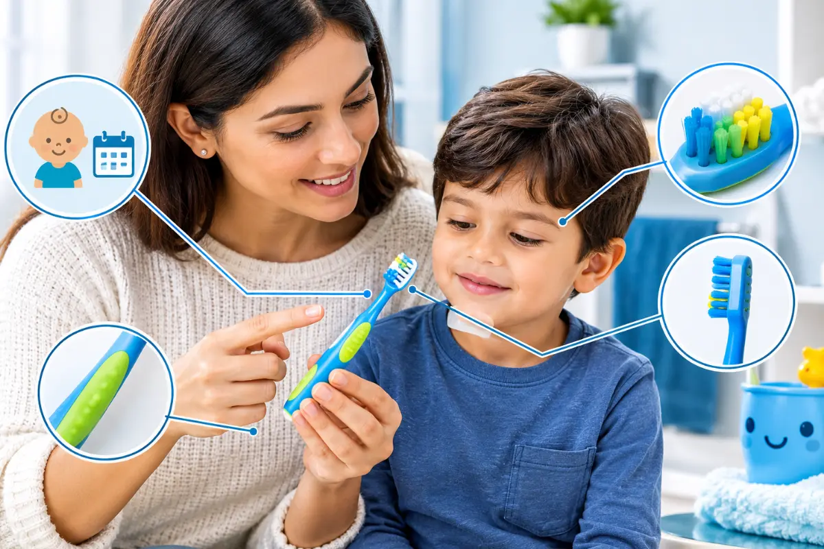 Parent checking a child’s toothbrush for age, soft bristles, head size, and handle