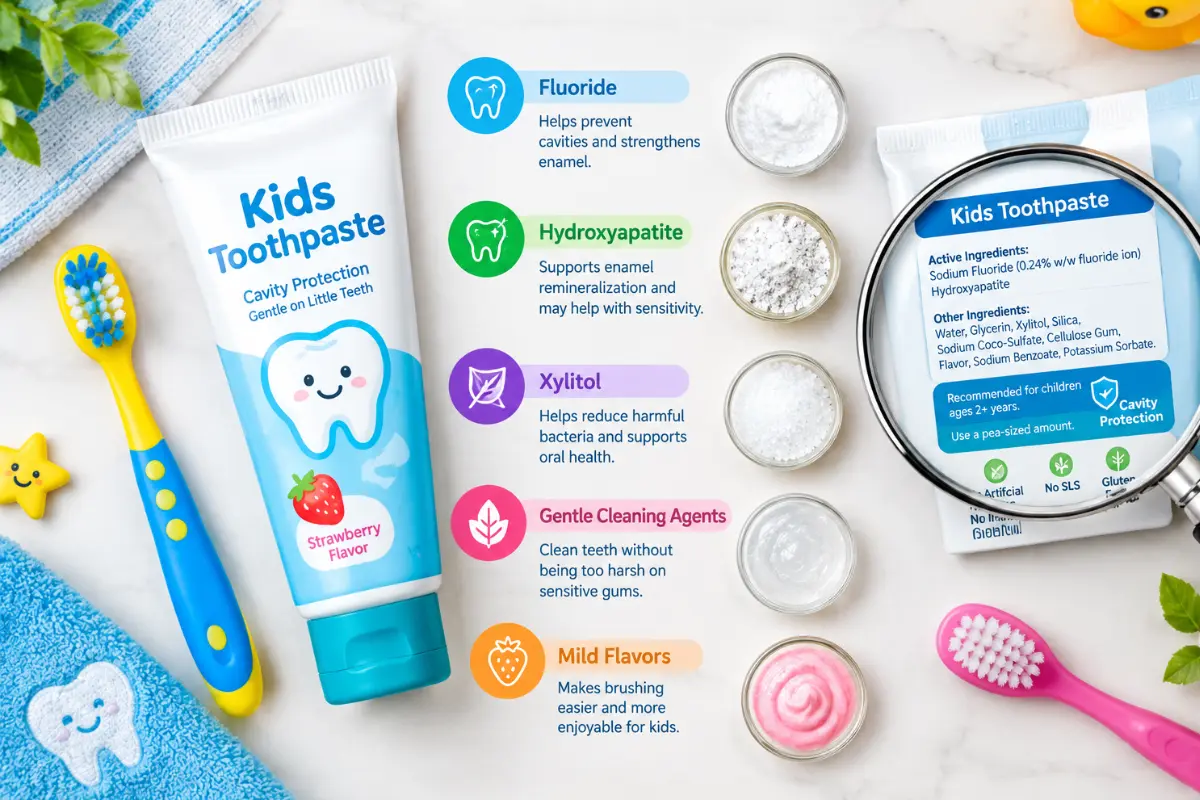 Kids toothpaste with fluoride, hydroxyapatite, xylitol and gentle ingredients