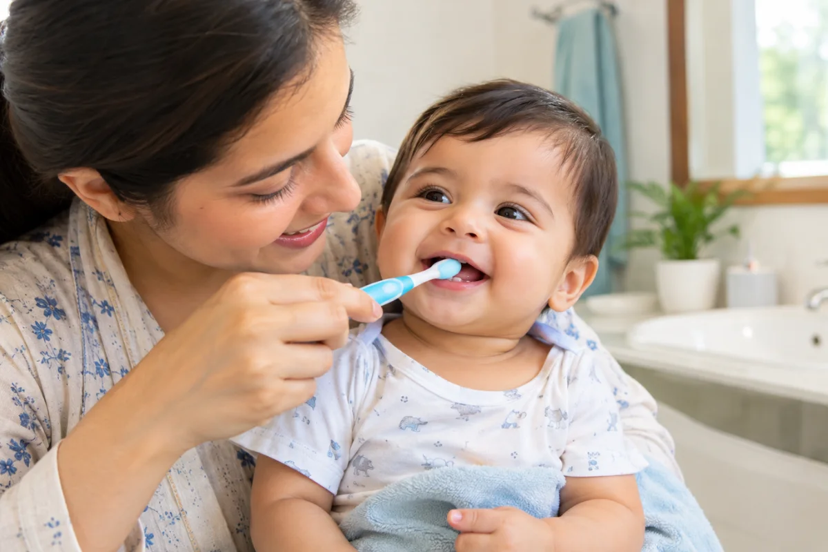 Parent gently brushing baby’s first tooth with a soft baby toothbrush