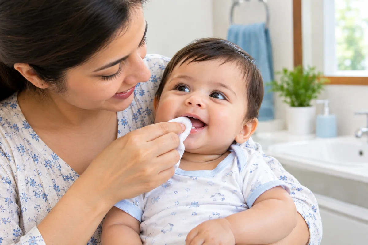 Parent gently wiping baby’s gums with a soft damp gauze