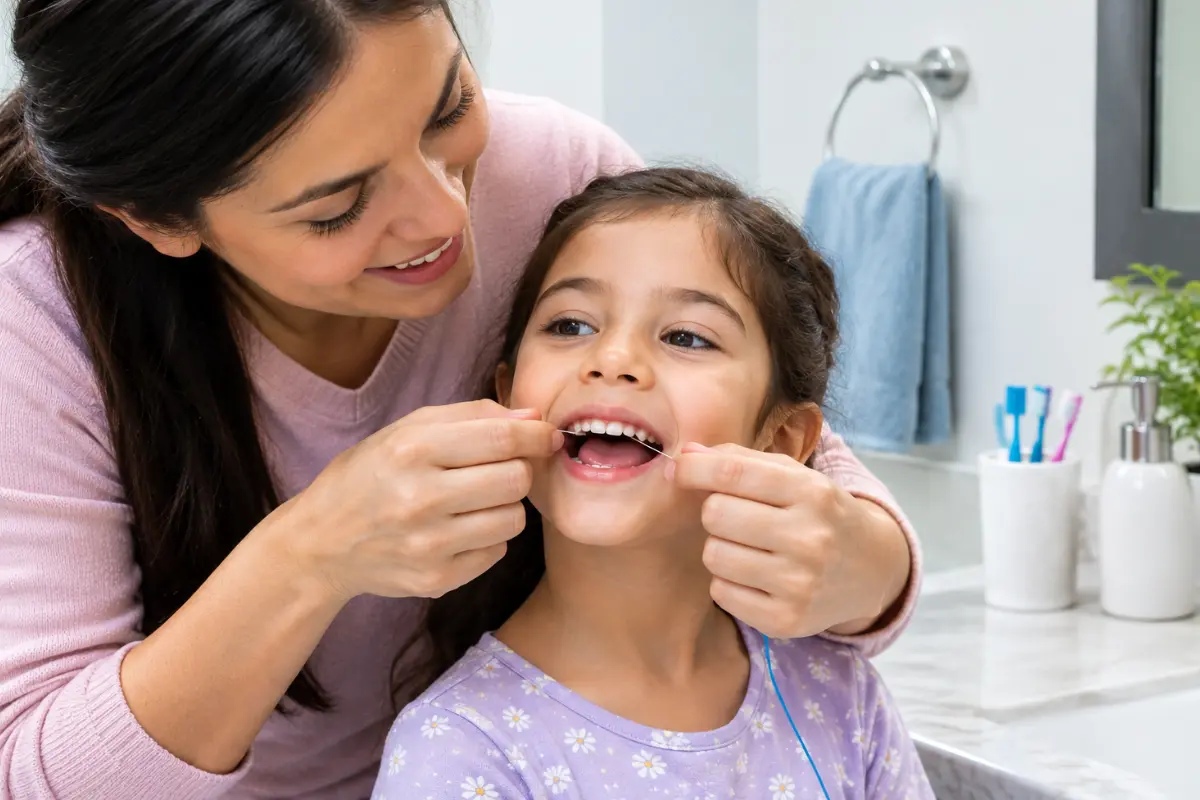Parent carefully flossing a child’s teeth