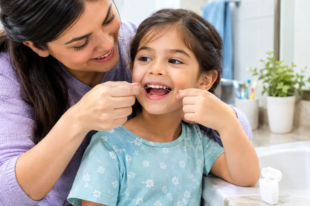 When Should Kids Start Flossing? Parent helping child floss