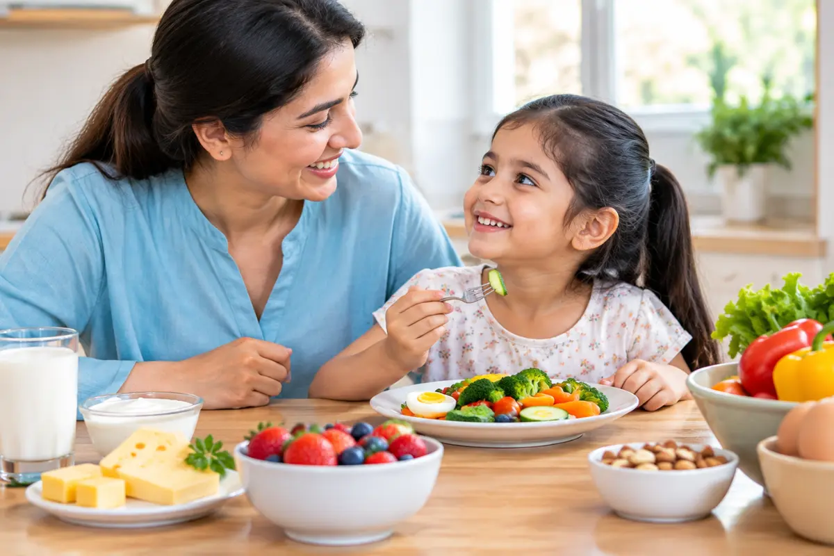 Tooth-friendly diet for kids with milk, yogurt, cheese, fruits, and vegetables