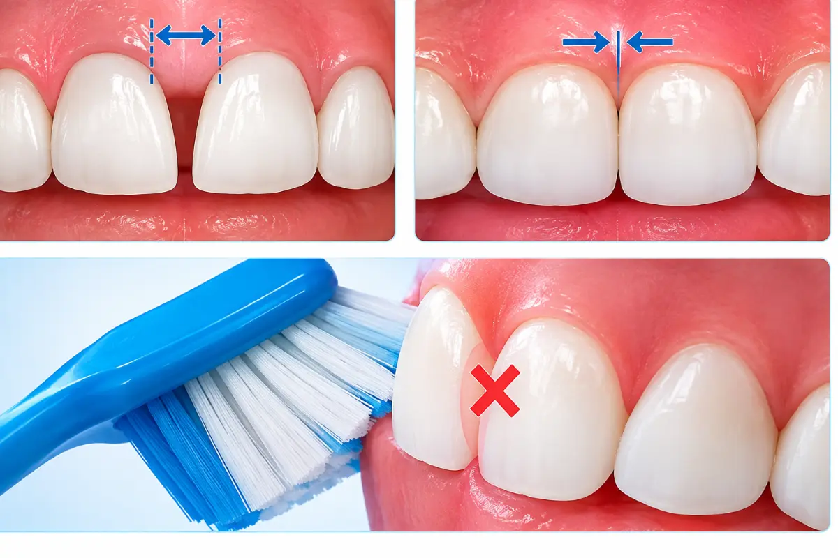 Dental diagram showing tooth gaps, touching teeth, and toothbrush unable