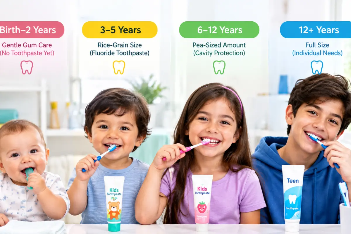 Kids toothpaste guide showing age-appropriate oral care from baby to teenager