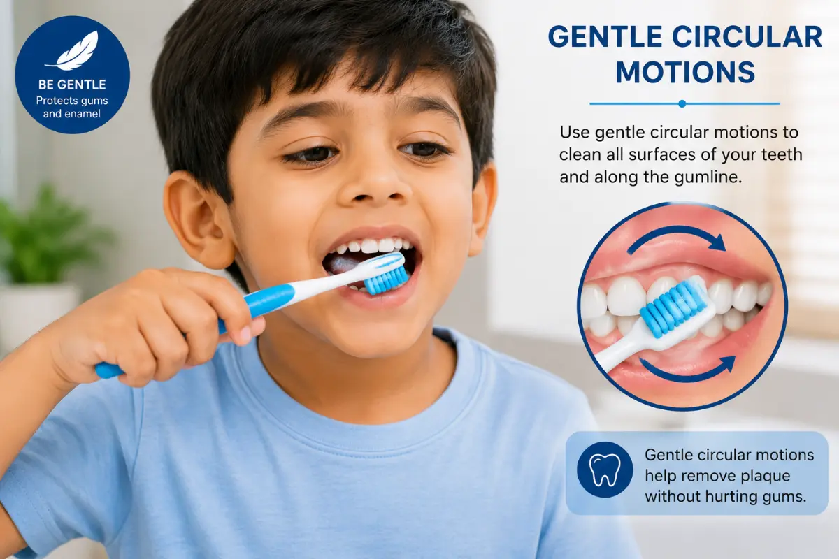 Child demonstrating gentle circular brushing motions with a toothbrush