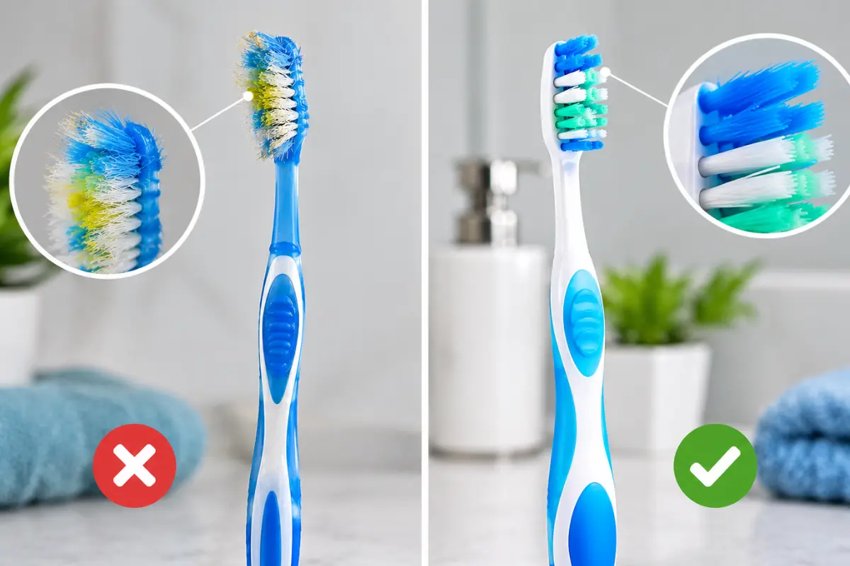 Worn frayed toothbrush compared with a new toothbrush showing when to replace a toothbrush