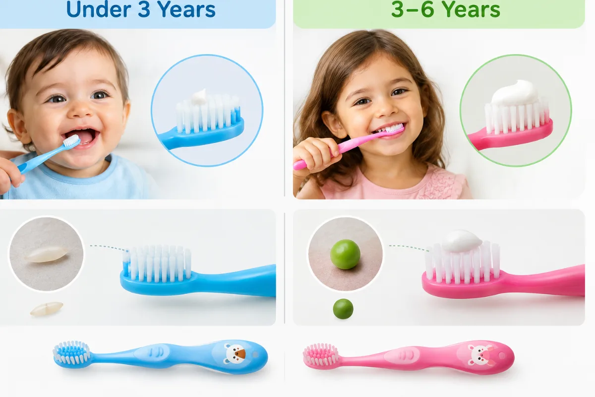 Fluoride toothpaste amounts for children under 3 and ages 3 to 6