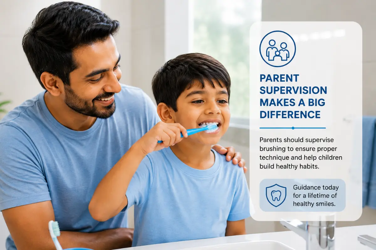 Parent supervising a child while brushing teeth