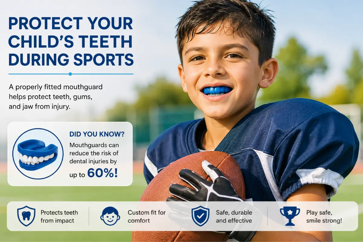 Child wearing a properly fitted mouthguard during sports