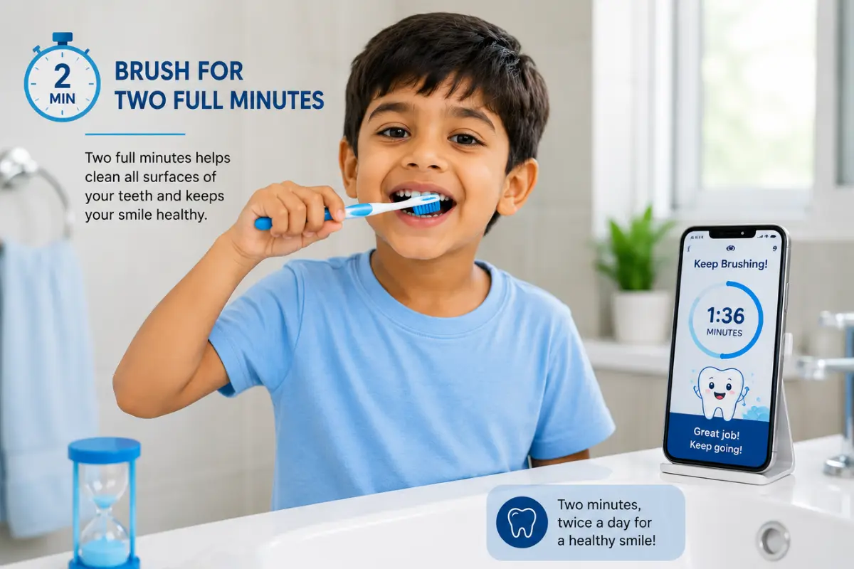 Child brushing teeth for two minutes with a timer