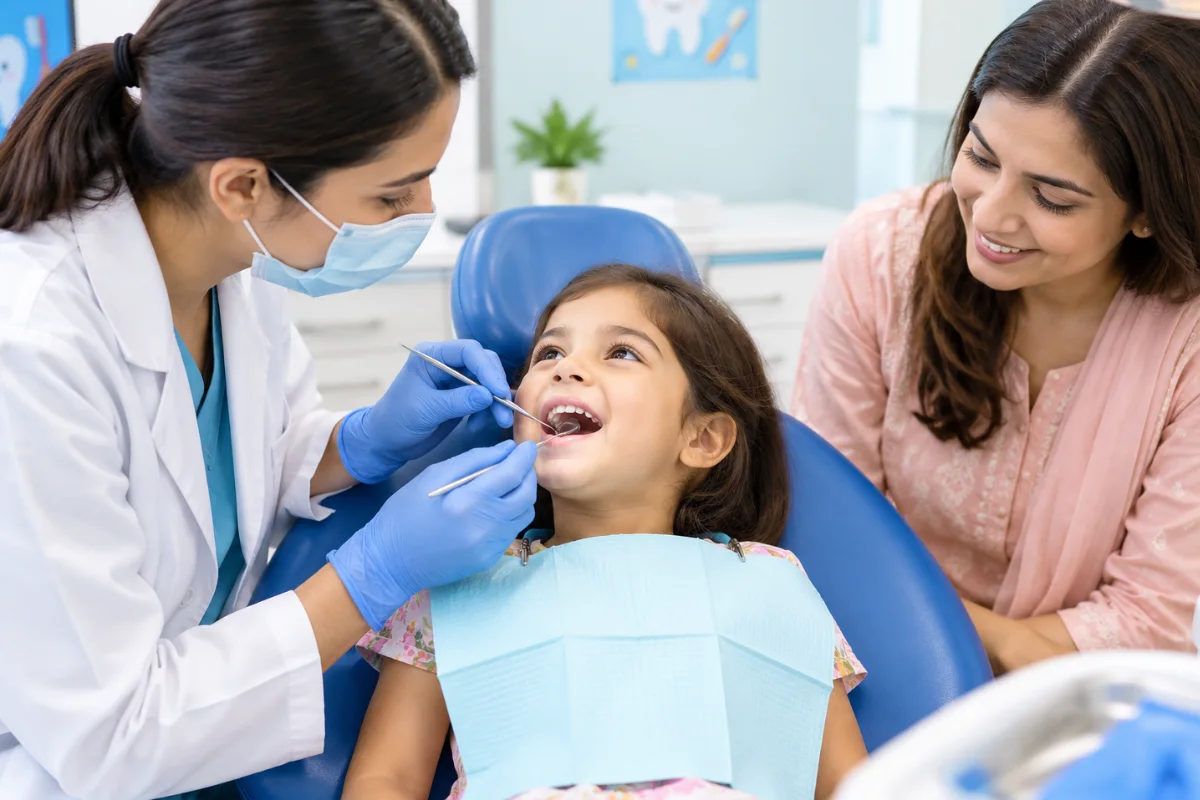 Pediatric dentist examining a young girl's teeth while her mother watches in a bright, modern dental clinic.
