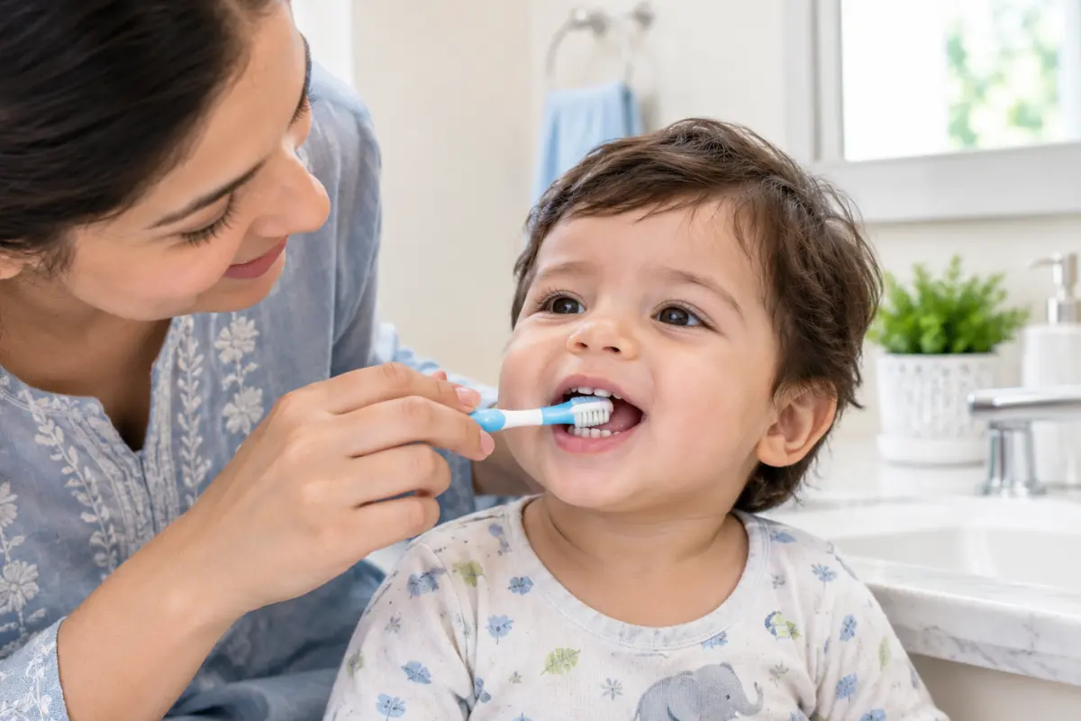 Parent helping a toddler brush newly erupted baby teeth