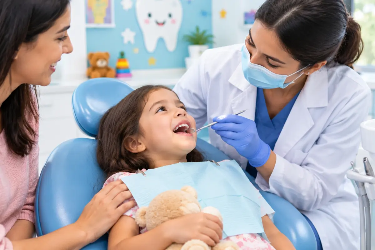 Pediatric dentist examining a young child’s teeth