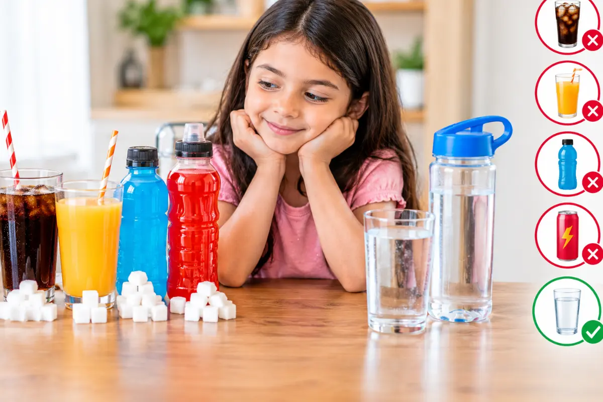 Soda, sugary juice, sports drinks, energy drinks, and water compared for children’s dental health