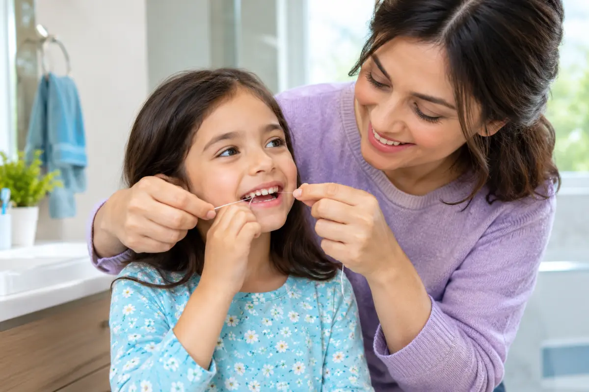Parent helping child floss between teeth