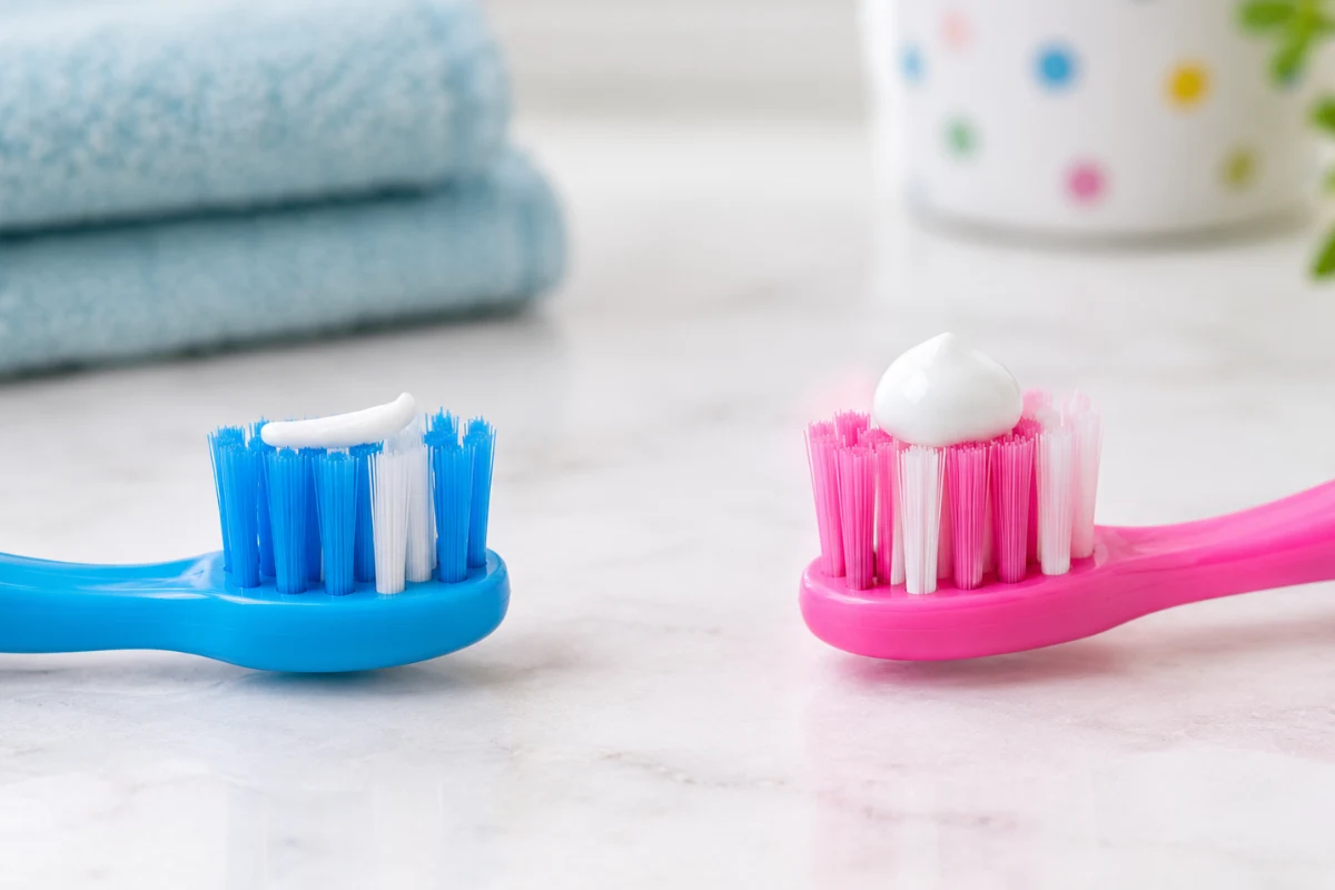 Fluoride toothpaste for kids showing the correct amount on children’s toothbrushes
