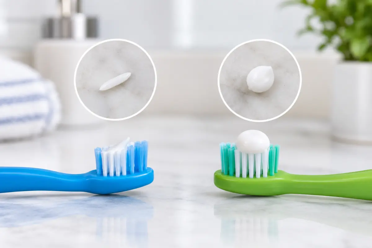 Fluoride toothpaste for kids showing rice-grain-sized and pea-sized amounts on two toothbrushes