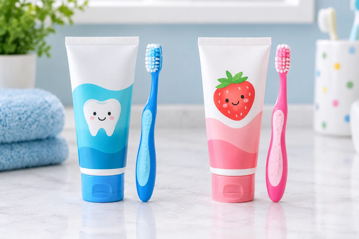 Fluoride vs. fluoride-free toothpaste for kids displayed beside children’s toothbrushes