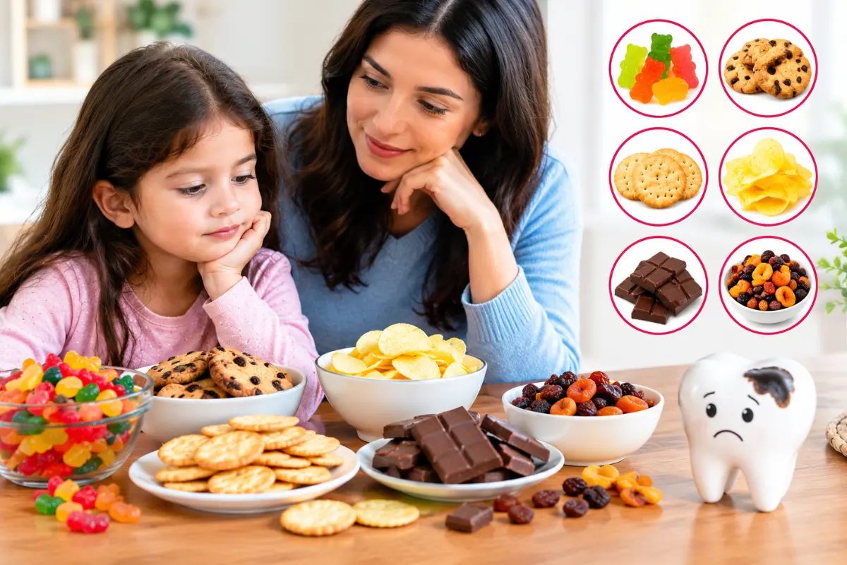 Common foods that cause cavities in children including candy, cookies, crackers, chips, chocolate, and dried fruit