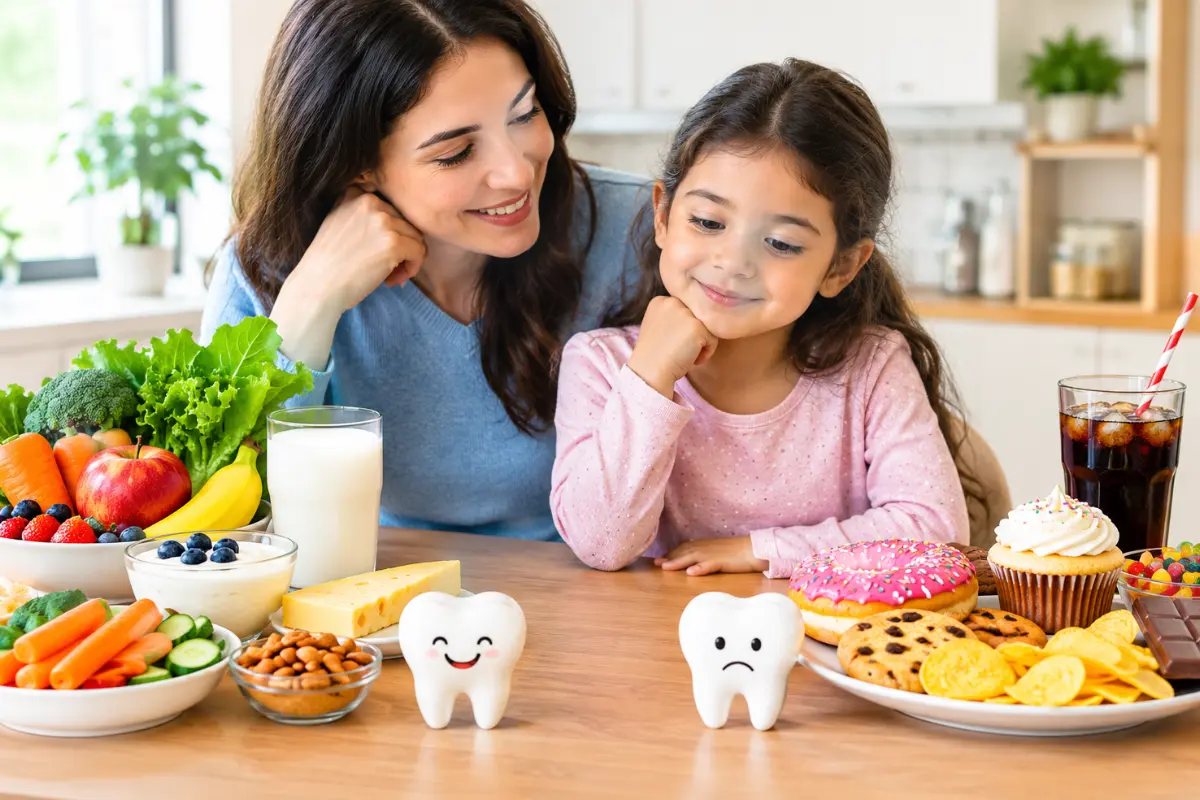 Parent and child comparing foods that cause cavities in children with tooth-friendly foods