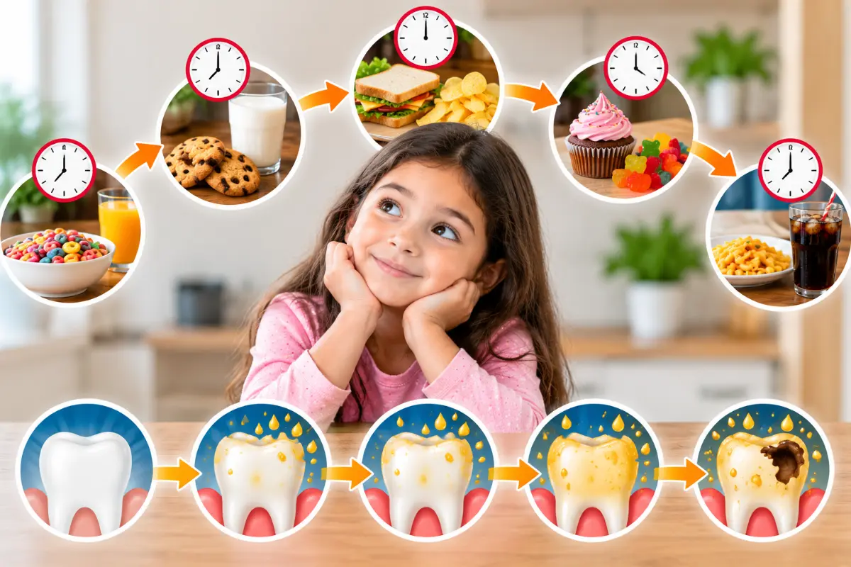 Frequent snacking causing repeated acid attacks on children’s teeth throughout the day