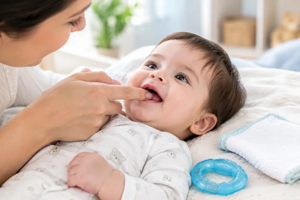 Parent gently massaging a baby's gums during teething