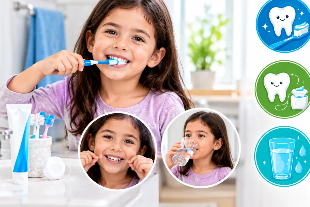 Child brushing with fluoride toothpaste, flossing, and drinking water to prevent cavities