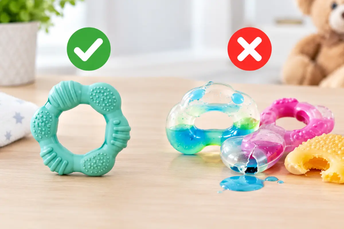 Safe solid teething toy shown separately from unsafe teething products