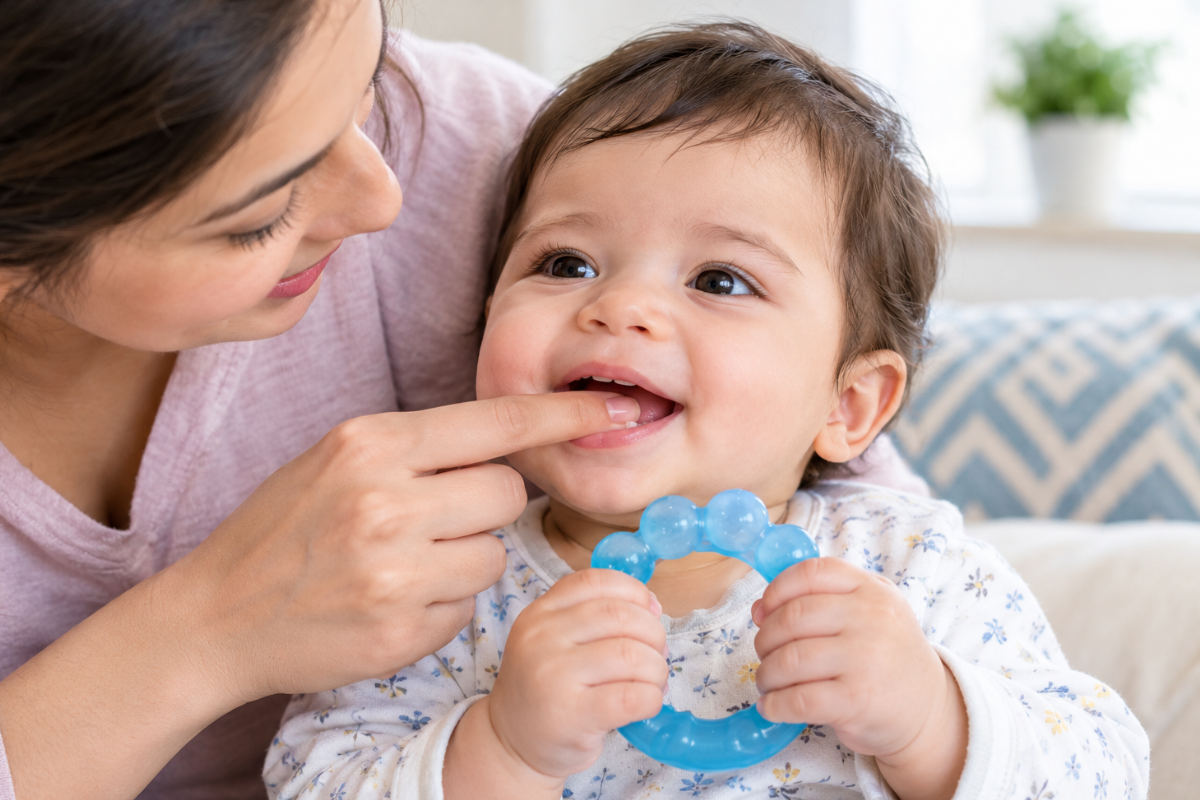 Parent gently soothing a teething baby’s gums