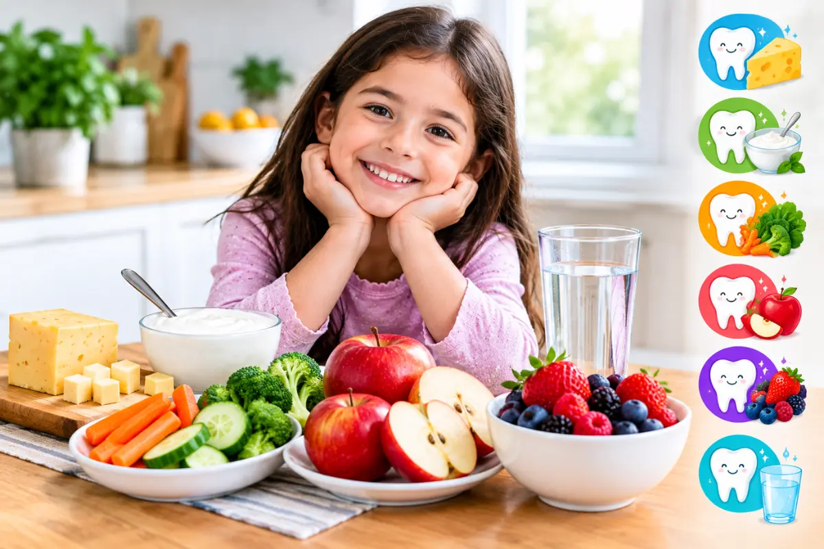 Tooth-friendly foods for children including cheese, yogurt, vegetables, apples, berries, and water